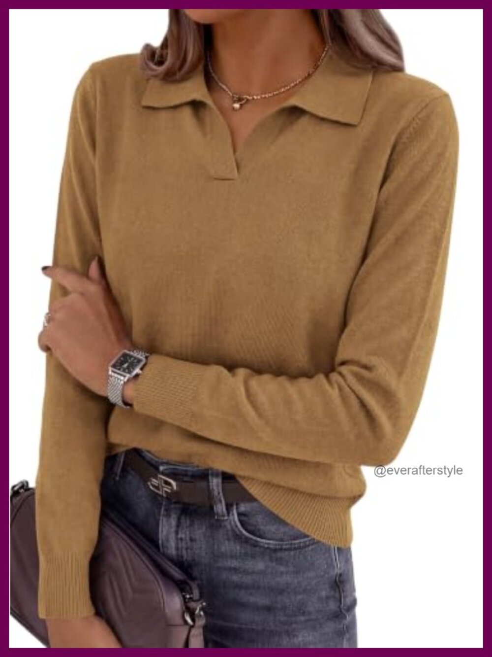 Womens Soft Knit Polo Collar V Neck Pullover Sweater Long Sleeve
